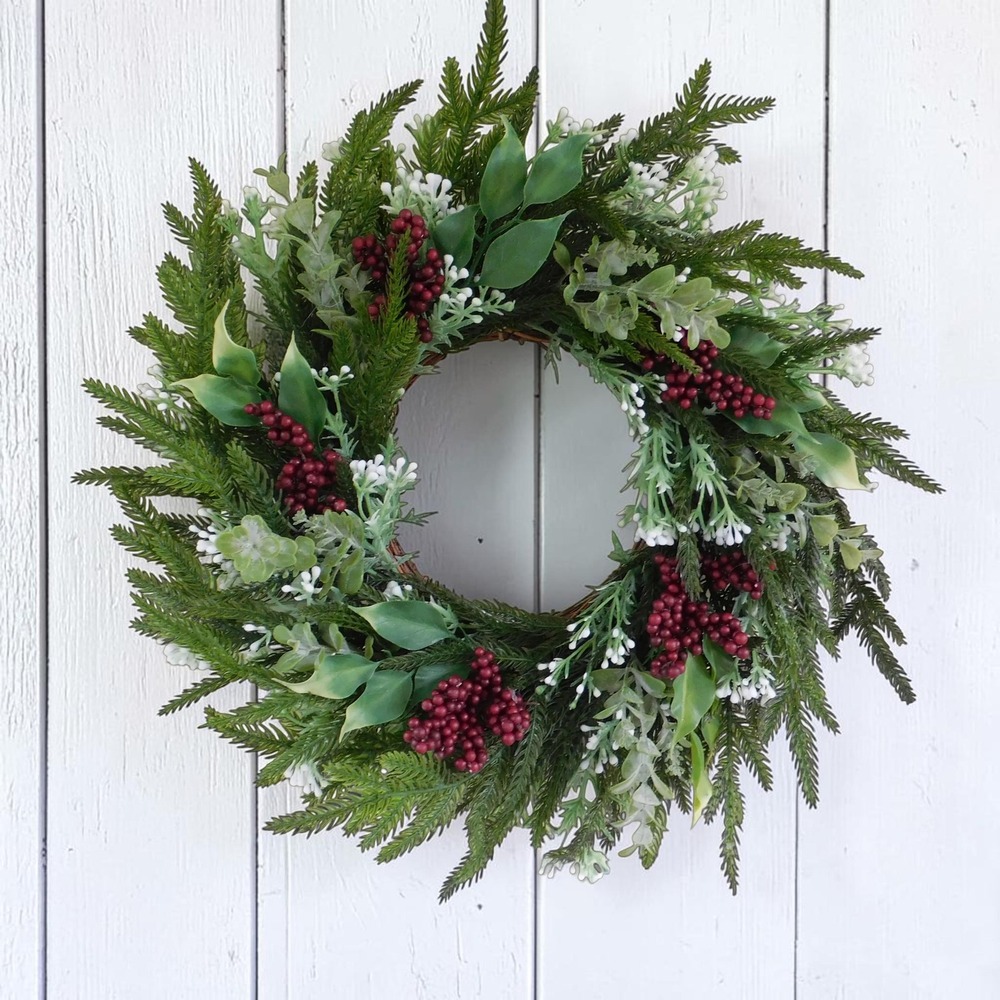 Christmas Wreath, Faux Norfolk Pine & Red Berries Front Door Rustic Holiday
